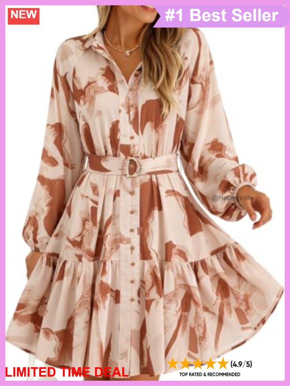 Ninedaily Womens Chiffon Floral Mini Dress Long Sleeve Belted